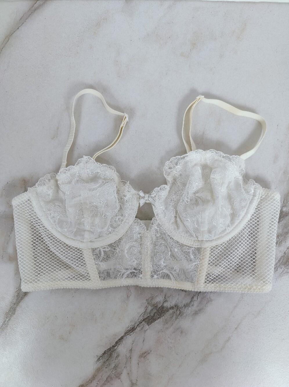 Forever 21 Off White Lace Mesh Corset Unlined Demi Bra, Sz 32B